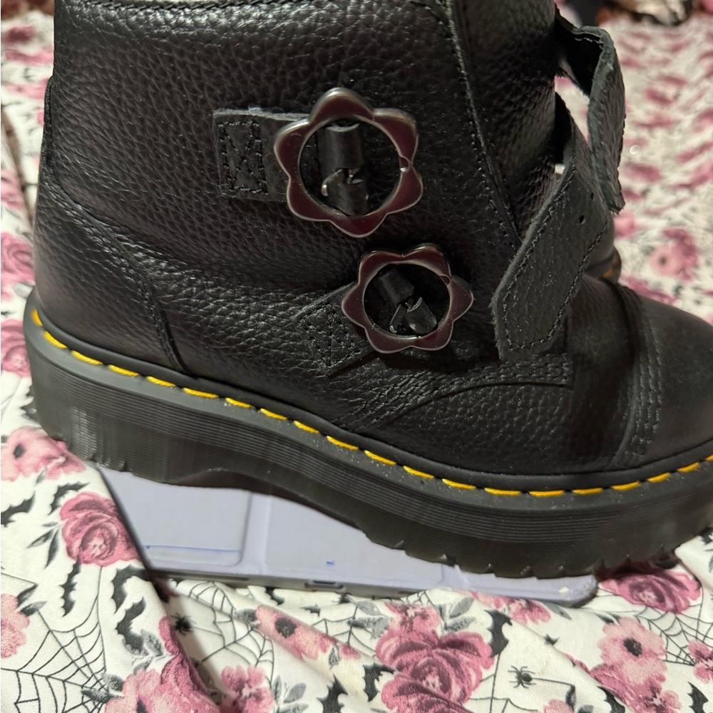 Dr. Martens Black Leather Double-Strap Boots with Yellow Stitching - Picture 2 of 4